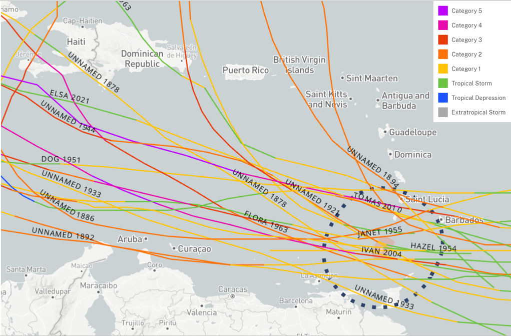 Tropical storm and hurricane tracks to pass with 100 nm of Grenada since 1842. Source: NOAA Historical Hurricane Tracks.