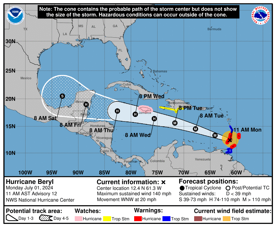 National Hurricane Center Advisory 12 position and best forecast for Beryl. July 1, 2024 at 9AM AST. Source: NOAA/NHC.