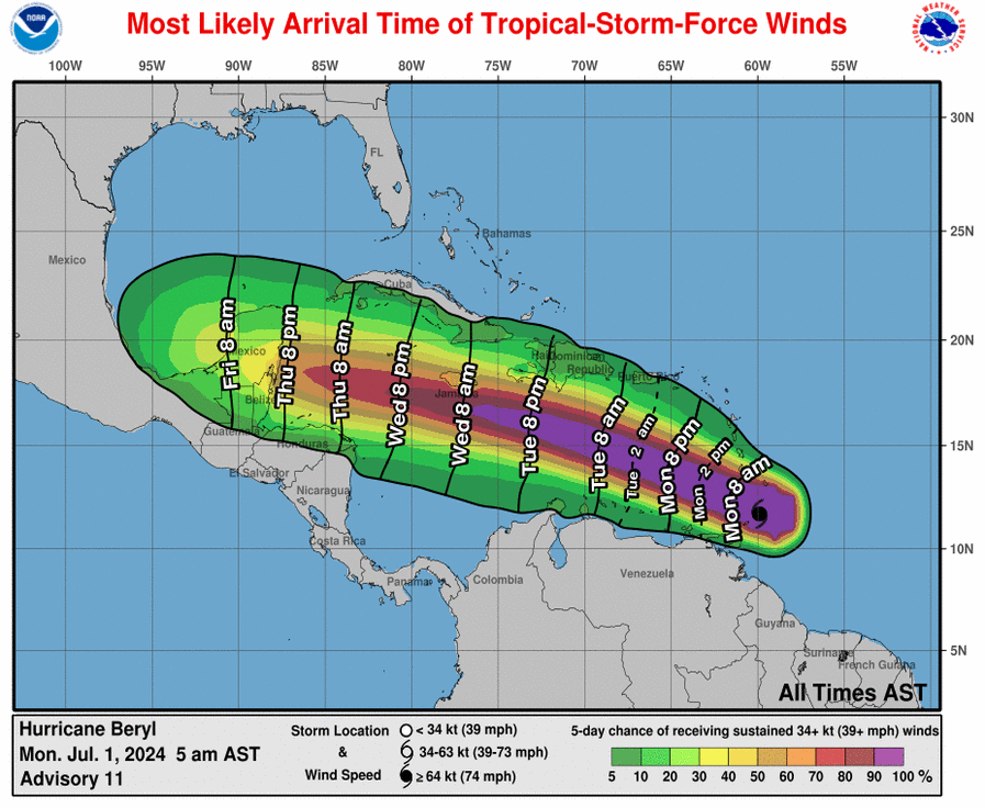Most likely arrival time (lines) and probability of tropical storm force winds (shaded). Source: NOAA/NHC.