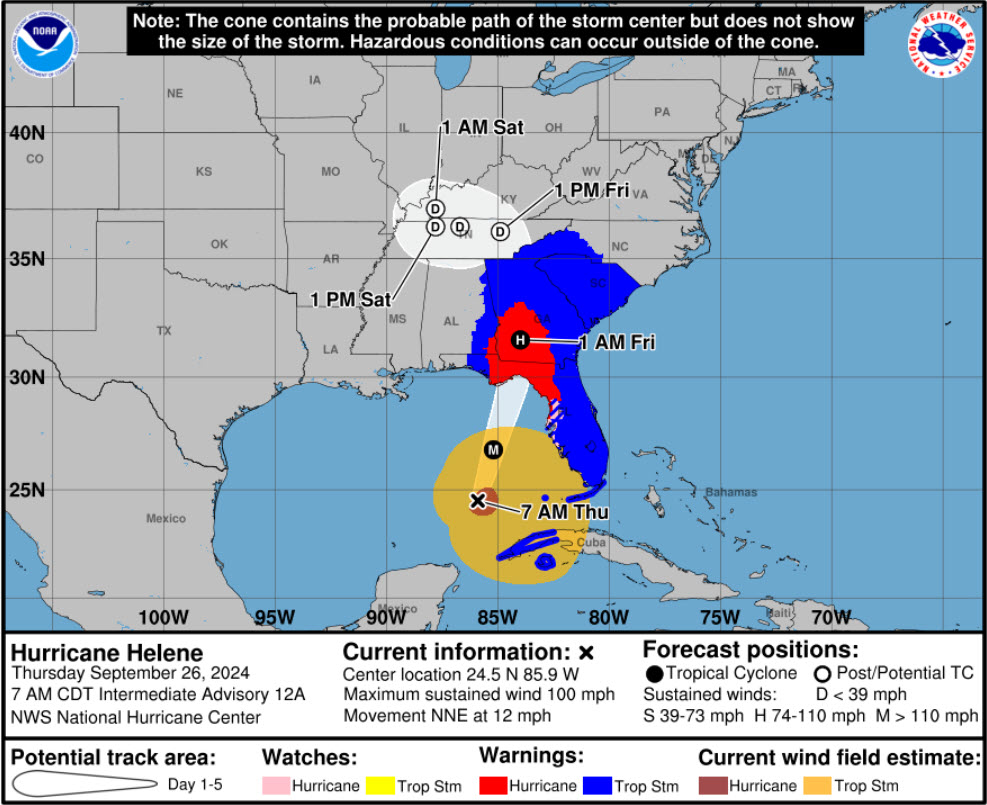 position and track for Hurricane Helene